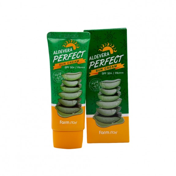 Заказать онлайн Farmstay Крем солнцезащитный AloeVera Perfect Sun Cream SPF 50+/PA+++ в KoreaSecret