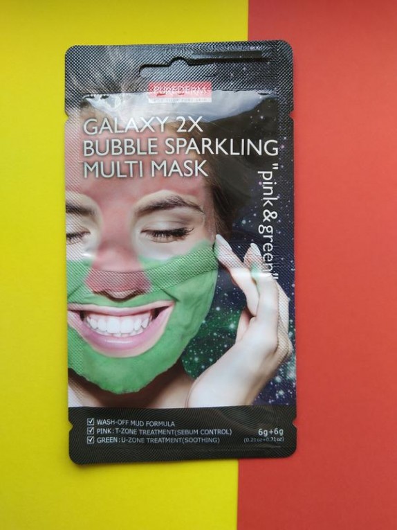 Заказать онлайн PUREDERM Пузырьковая мультимаска розово-зелен Galaxy 2X Bubble Sparkling Multi Mask Pink & Green в KoreaSecret